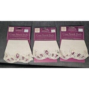 3 Annies Cross Stitch Doily 12" x 12" AIDA Cloth Battenburg Lace Ivory Handmade